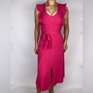 1. STATE Pink V‎ Neck Sleeveless Ruffle Trim Maxi Dress